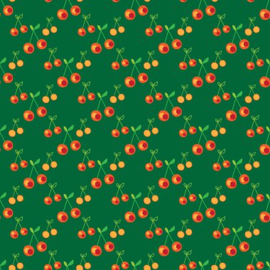 Kirazsız desen, yeşil arka planda kırmızı sarı, botanik çizgili vektör çizimi. Arkaplan, ambalaj, tekstil, afiş, tebrik kartı, düğün, davetiye, dergi için grafik tasarımı