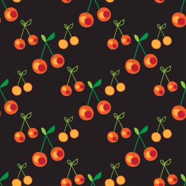 Kirazsız şablon, siyah zemin üzerinde kırmızı yeşil, botanik ana hatlı vektör çizimi. Arkaplan, ambalaj, tekstil, afiş, tebrik kartı, düğün, davetiye, dergi için grafik tasarımı