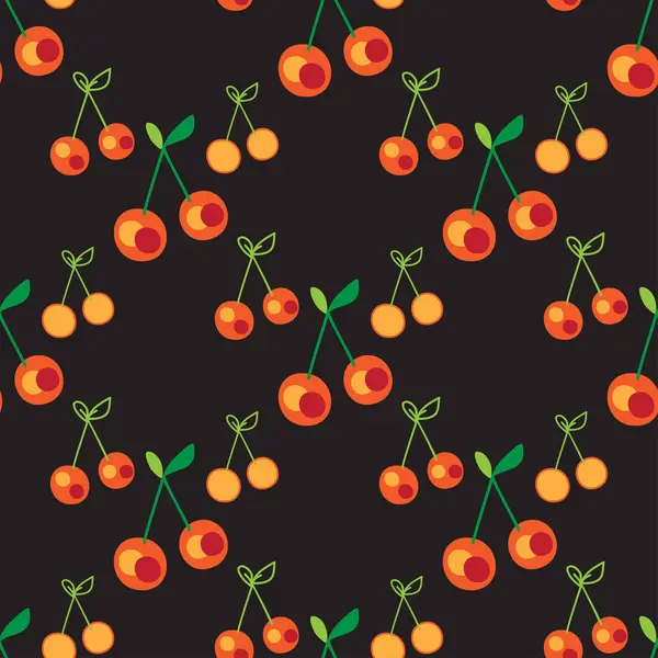 Kirazsız şablon, siyah zemin üzerinde kırmızı yeşil, botanik ana hatlı vektör çizimi. Arkaplan, ambalaj, tekstil, afiş, tebrik kartı, düğün, davetiye, dergi için grafik tasarımı