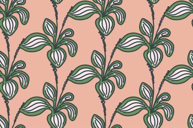 Soyut çiçek desensiz desenli vektör çizimi. Bej arka planda moda sanatsal bitkiler. Moda tekstil kapağı için grafik tasarımı düğün davetiyesi broşürü