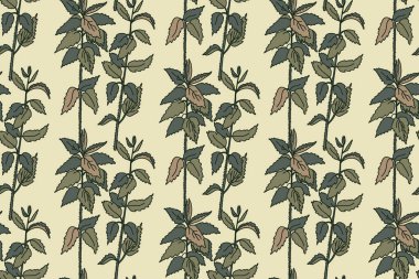 Soyut bitkisel desensiz desensiz vektör çizimi. Moda bitkiler ve çiçekler doğanın pastel renklerinde tekerrür ederler. Tekstil kapak kapağı düğün davetiyesi için grafik tasarım arka planı