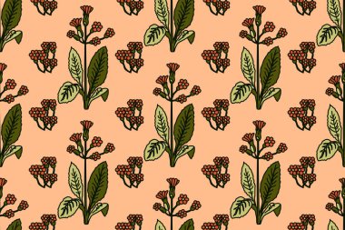 Soyut bitkisel desensiz desensiz vektör çizimi. Moda bitkiler ve çiçekler doğanın pastel renklerinde tekerrür ederler. Tekstil kapak kapağı düğün davetiyesi için grafik tasarım arka planı