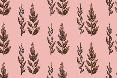 Soyut botanik bitkiler ve çiçekler, kusursuz desenli vektör çizimi. Pembe arkaplanda pastel renkli tekrar eden çiçek baskısı. Düğün davetiyesi kapak kapağı tekstil paketi için grafik tasarımı.