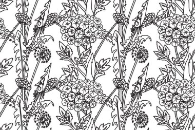 Siyah ve beyaz, soyut, dikişsiz, kır çiçekleri vektör illüstrasyonlu. Tekrarlayan çizgiler çiçek desenleri. Düğün Kutlama Davetiyesi Kapağı Tekstil Paketi için grafik tasarımı