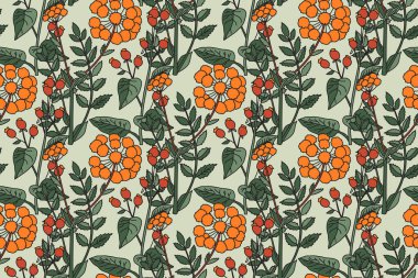 Botanik soyut, dikişsiz bitki deseni ve kır çiçekleri vektör illüstrasyonu. Klasik yeşil pastel renkte çiçek desenleri. Duvar Kağıdı Düğün Kapağı Tekstil Paketi için grafik tasarımı