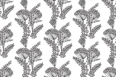 Soyut, dikişsiz, çiçek desenli çizim vektör çizimi. Siyah ve beyaz çizgiler botanik kır çiçeklerini tekrarlıyor. Duvar Kağıdı Kapağı Örtüsü Paket Kutlama Kartı için Grafik Tasarımı