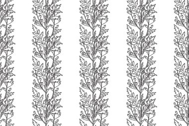 Çizgi çizgileri, çiçek desenleri, kusursuz soyut arka plan. Siyah ve beyaz ana hatları botanik kır çiçekleri vektör illüstrasyonunu tekrarlıyor. Duvar Kağıdı Kapağı Örtüsü Paket Kartı için Grafik Tasarımı