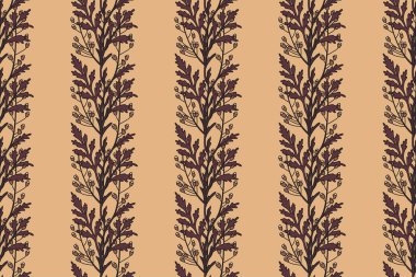 Yaprakları ve böğürtlenleri olan botanik dalları soyut, dikişsiz model vektör çizimi. Pastel kahverengi arka planda tekrar eden ağaç baskısı. Duvar Kağıdı Kapağı Tekstili için grafik tasarımı