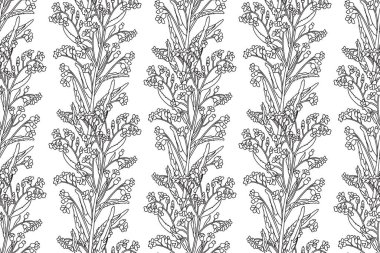 Çizgi sanatı botanik soyut, dikişsiz bitki deseni ve kır çiçekleri vektör çizimi. Siyah ve beyaz çizgiler tekrar eden çiçek arkaplanı. Duvar Kağıdı Tekstil Yazdırma Kapağı Kartı için grafik tasarımı