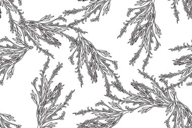 Çizgi sanatı zeytin dalları yapraklar ve böğürtlenlerle soyut, dikişsiz desen vektör çizimi. Siyah ve beyaz çizgili botanik yinelenen zeytin ağaçları arka planı. Kapak için grafik tasarımı