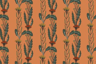 Botanik soyut bitki, yaban çiçekleri vektör illüstrasyonuyla kusursuz desen. Kahverengi pastel arka planda retro çiçek deseni tekrarlanıyor. Duvar Kağıdı Tekstil Kapağı Yazdırma Kartı için Grafik Tasarımı