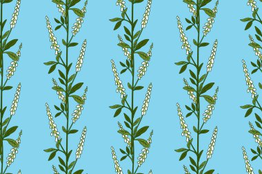 Botanik soyut bitki, yaban çiçekleri vektör illüstrasyonuyla kusursuz desen. Açık mavi arka planda retro çiçek desenleri tekrarlanıyor. Duvar Kağıdı Tekstil Kapağı Doğum günü Kartı için grafik tasarımı