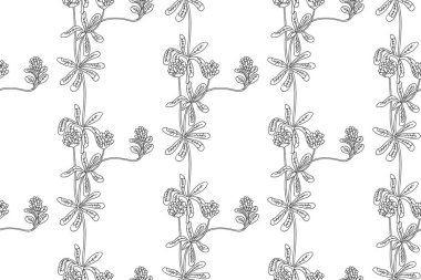 Çizgi sanatı botanik soyut ve soyut bitki deseni ile Clover yaban çiçekleri vektör illüstrasyonu. Siyah ve beyaz çizgiler tekrar eden çiçek arkaplanı. Duvar Kağıdı Tekstil Kapağı Doğum Günü için grafik tasarımı