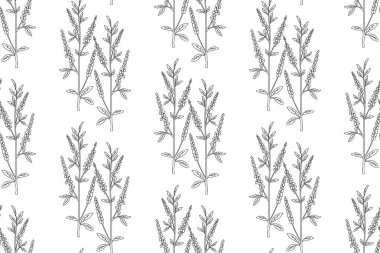 Çizgi sanatı botanik soyut, dikişsiz bitki deseni ve kır çiçekleri vektör çizimi. Siyah ve beyaz çizgiler tekrar eden çiçek arkaplanı. Duvar Kağıdı Tekstil Kapağı Doğum günü Kartı için grafik tasarımı