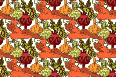 Çizgi filmlerdeki renkli havuçlar, soğanlar, pancar vektör illüstrasyonuyla botanik ve soyut desenler. Beyaz arka planda tekrarlanan sebze deseni. Moda Kapağı Tekstil Tasarımı