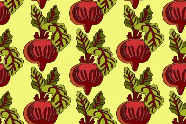 Sulu pancar vektör illüstrasyonuyla botanik soyut ve dikişsiz desen. Renkli sebzeler sarı arka planda çizgi film kalıplarını tekrarlıyorlar. Moda Kapağı Tekstil Doğum Günü için grafik tasarımı