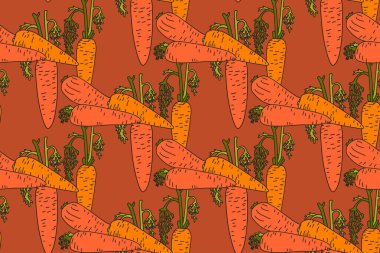 Sulu havuç vektör illüstrasyonlu botanik soyut dikişsiz desen. Turuncu renkli arka planda tekrarlanan renkli sebzeler. Moda Kapağı Tekstil Yazdırma Kartı için grafik tasarımı