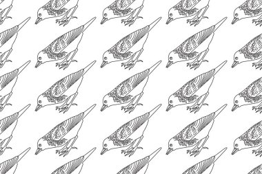 Bahçe kuşları vektör illüstrasyonlu çizgiler kusursuz desen. El çizimi ana hatları tekrarlayan ortak sığırcık arkaplanı. Kapak Renkli Kitap Tekstil Moda Yazdırma Günü için grafik tasarımı