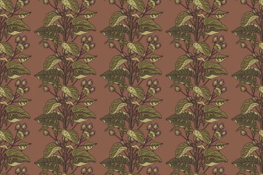 Çiçeksiz desenli botanik çiçekli vektör çizimi. Kahverengi pastel arka planda tekrarlanan bitki deseni. Moda Kapağı Tekstil Doğum Günü Tebrik Kartı Yazdırma için Grafik Tasarımı