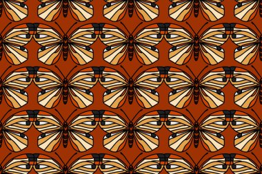 Botanik kelebekleri kusursuz desenli vektör çizimi. Kahverengi arka planda tekrar eden renkli kelebek çizimi. Moda Kapağı Tekstil Düğün Doğum Günü Tebrik Kartı Yazdırma için Grafik Tasarımı