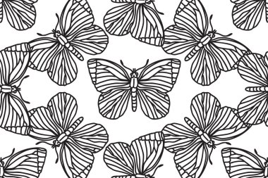 Çizgi sanatı botanik kelebekleri kusursuz desenli vektör çizimi. Beyaz arkaplandaki karalama kelebeğini özetleyin. Moda Kapağı Tekstil Renklendirme Sayfası Doğum günü Kartı Yazdırma için Grafik Tasarımı