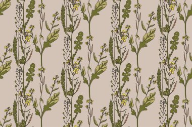 Çiçeksiz desenli botanik desenli kır çiçekleri buket vektör çizimi. Bej arka planda pastel yeşil yapraklı tekrar eden çiçekler. Moda Kapağı Tekstil Doğum Kartı için grafik tasarımı