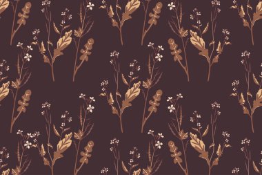 Çiçeksiz bitki deseni, kır çiçekleri buket vektör illüstrasyonu. Yaprakları, yaprakları ve pastel kahverengi arka plandaki çiçekleri tekrarlayan bitkiler. Moda Kapağı Tekstil Düğünü için grafik tasarımı