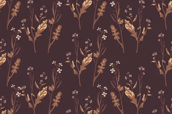 Çiçeksiz bitki deseni, kır çiçekleri buket vektör illüstrasyonu. Yaprakları, yaprakları ve pastel kahverengi arka plandaki çiçekleri tekrarlayan bitkiler. Moda Kapağı Tekstil Düğünü için grafik tasarımı