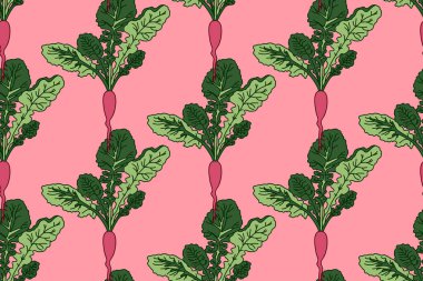 Sulu pancar vektör illüstrasyonuyla botanik soyut ve dikişsiz desen. Pembe arka planda renkli renkli sebze desenleri. Moda Kapağı Tekstil Doğum Kartı için grafik tasarımı