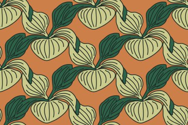 Yeşil yapraklı çiçek desenli yeşil yapraklı vektör çizimi. Turuncu arka planda bitkiler tekrarlanıyor. Moda Düğün Tekstil Kutlama Kartı Kapağı Doğum günü Yazısı için grafik tasarımı