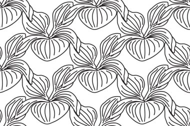 Çizgi sanatı botanik muz çalılıkları kusursuz desenli vektör çizimi. Siyah ana hatları tekrarlayan muz beyaz arka planda bitkileri bırakır. Moda Kapağı Tekstil Düğün Yazdırma Kitabı için grafik tasarımı