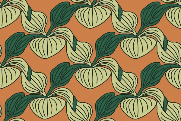 Yeşil yapraklı çiçek desenli yeşil yapraklı vektör çizimi. Turuncu arka planda bitkiler tekrarlanıyor. Moda Düğün Tekstil Kutlama Kartı Kapağı Doğum günü Yazısı için grafik tasarımı