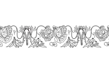 Çizgi sanatı, botanik dekoratif farklı sebzeler yatay sınırsız desenler beyaz arka planda izole edilmiş. Lahana Havuç, Bezelye Pepper Soğan Vektör Kartı ile el çizimi sebzeler