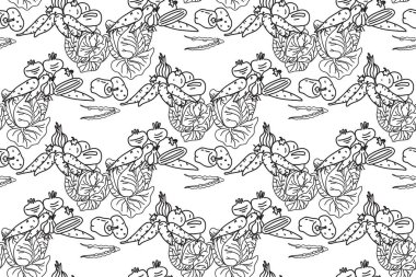 Çizgi sanatı botanik sebzeleri kusursuz desenli vektör çizimi. Farklı sebzeleri beyaz arka planda lahana havuçlu, bezelyeli, biberli, soğanlı domatesle tekrarlıyor. Kapak Kartı için grafik tasarımı