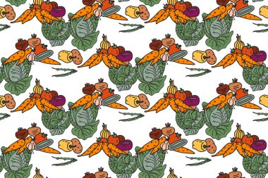 Botanik renkli sebzeler kusursuz desenli vektör çizimi. Beyaz arka planda farklı sebzeler ve havuç, bezelye, biber ve soğan domatesleri tekrar ediyor. Kapak Kartı için grafik tasarımı