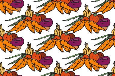 Botanik renkli sebzeler kusursuz desenli vektör çizimi. Beyaz arka planda Havuç Soğanlı Patates Domatesli farklı sebzeler karikatürü tekrarlıyor. Kapak Moda Tekstili için grafik tasarımı