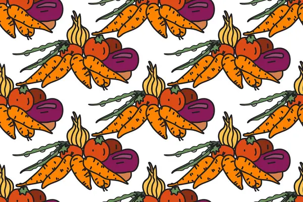 Botanik renkli sebzeler kusursuz desenli vektör çizimi. Beyaz arka planda Havuç Soğanlı Patates Domatesli farklı sebzeler karikatürü tekrarlıyor. Kapak Moda Tekstili için grafik tasarımı