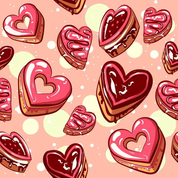 Rosafarbene Und Braune Schokolade Und Erdbeergriffkekse Nahtloses Muster Mit Herzförmigen — Stockvektor