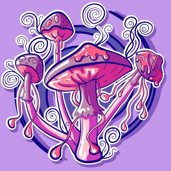 带有孢子的Lsd蘑菇的粉红色和紫色矢量图解 迷幻的迷幻剂迷幻剂五彩缤纷的药物和滑稽的视觉 — 图库矢量图片