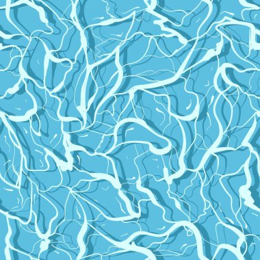 Beyaz çizgili mavi arka plan. Su yüzeyinin kusursuz deseni. Havuz, nehir, deniz veya okyanus sıvısı tropikal dalgalar. 