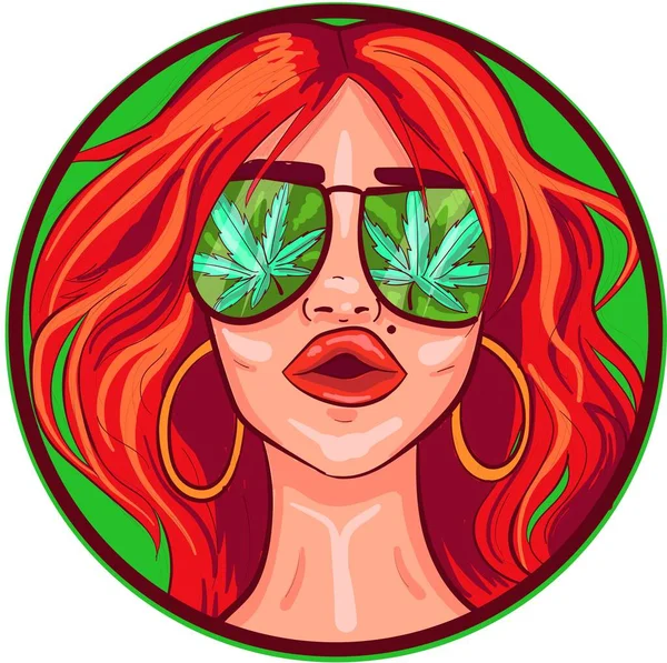 Rödhåriga Kvinnoporträtt Stoner Flicka Med Gröna Marijuana Solglasögon Och Lockigt — Stock vektor