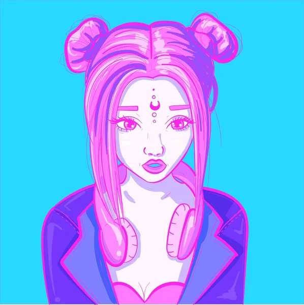 一个穿着皮夹克和耳机的网络霓虹灯女人的数字艺术 具有粉色和蓝色的科幻合成波女孩 — 图库矢量图片