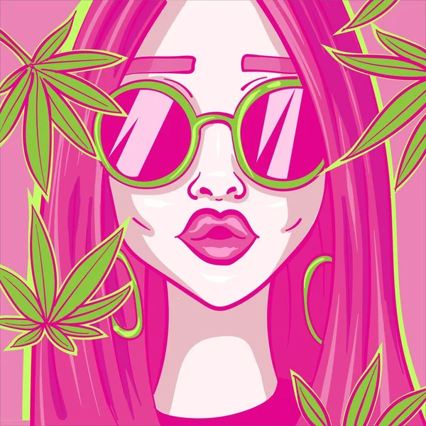 Digitální Umění Zhulené Dívky Růžovými Vlasy Zelenými Marihuanovými Listy Kolem — Stockový vektor