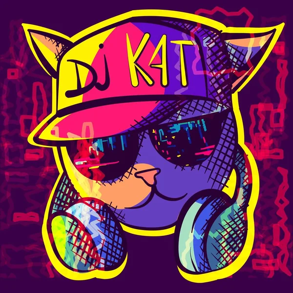 尼昂Dj猫与嘻哈帽 太阳镜和耳机 带音响器材的酷而时髦的猫科动物 光彩夺目的数字艺术 — 图库矢量图片