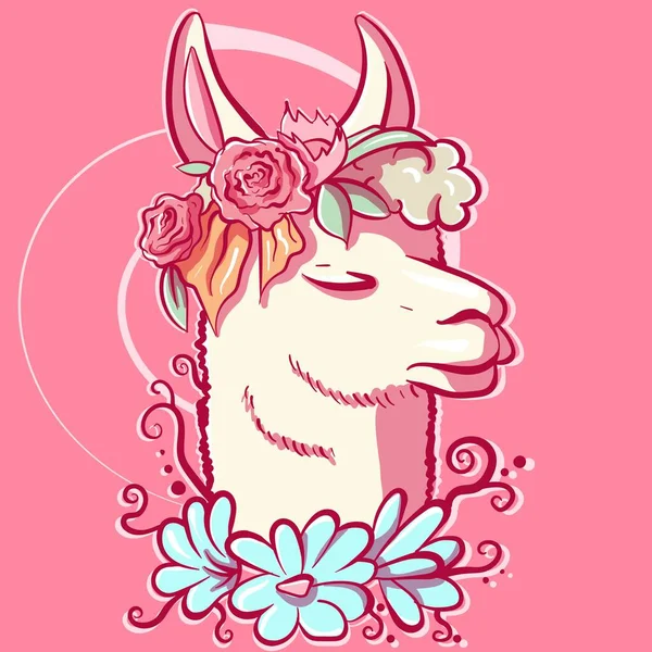 Pastel Illustratie Van Een Roze Lama Met Bloemdecoraties Rond Haar — Stockvector