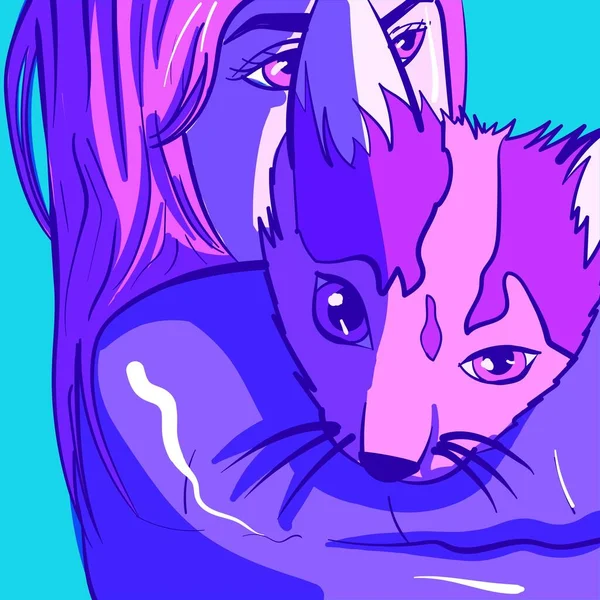 Neon Illustratie Van Een Jonge Vrouw Die Een Kat Haar — Stockvector