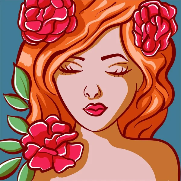 Digitální Umění Zrzavé Ženy Růžemi Vlasech Krásná Samičí Hlava Květinovými — Stockový vektor