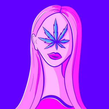 Yüzünde marihuana yaprağı olan neon saykodelik kadın yüzü. Esrarlı genç sarışın bir kızın retrodalga konsepti.
