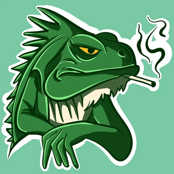 Arte Digital Uma Iguana Zangada Verde Fumando Cigarro Réptil Grave — Vetor de Stock