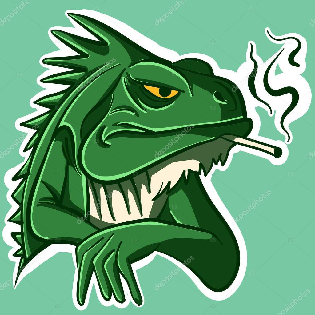Digital art of a green angry iguana smoking a cigarette. Serious reptile with its hands crossed.